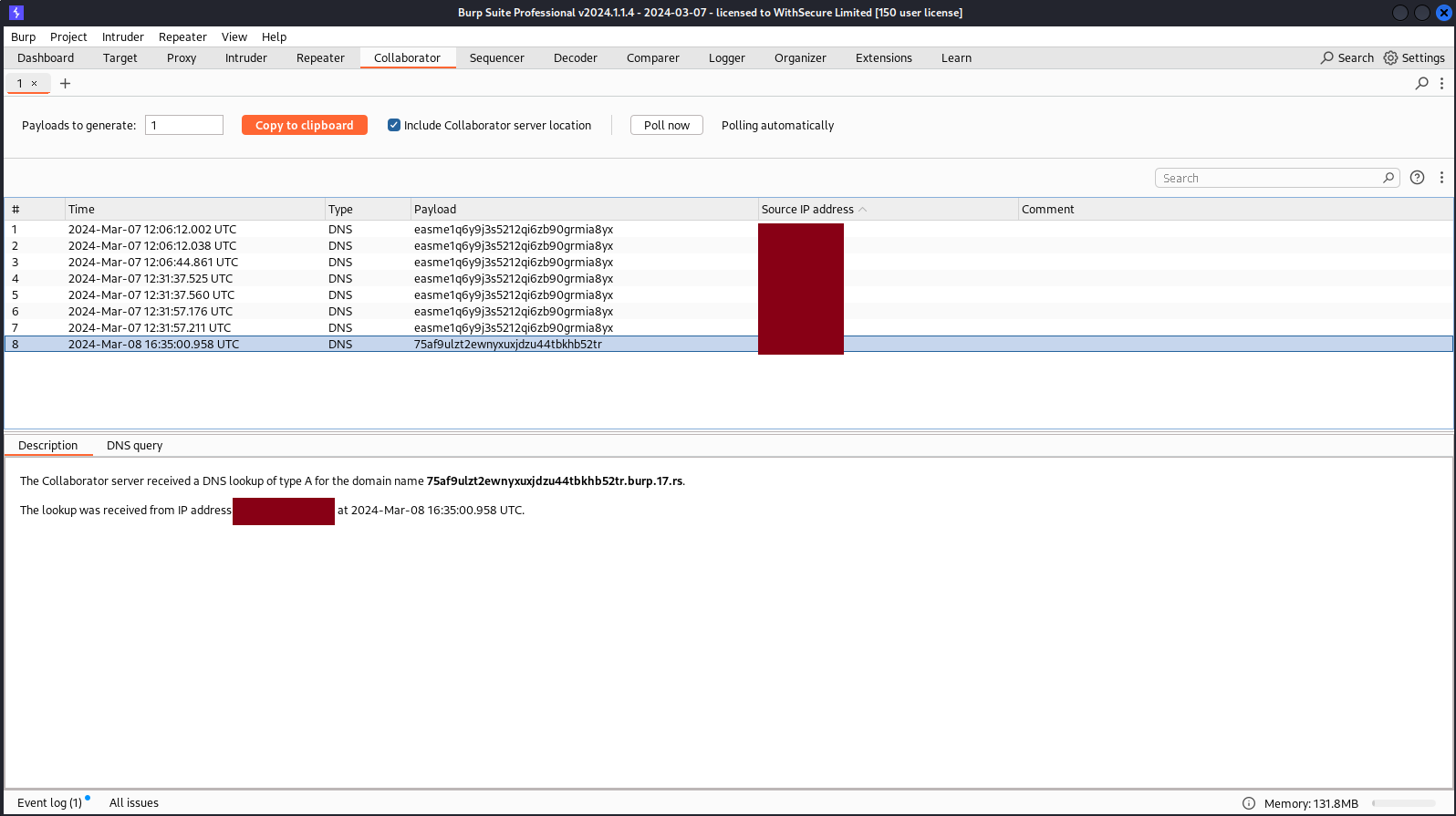 DNS callback caused by the URLDNS deserialization payload